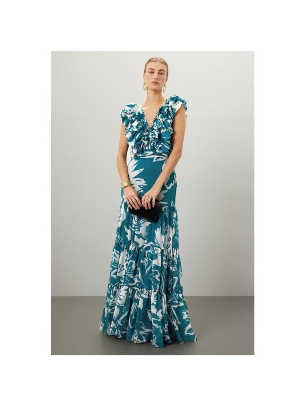 Andres Otalora Pueblo Magico Teal Blue Floral V-Neck Tiered Maxi Gown Size 0